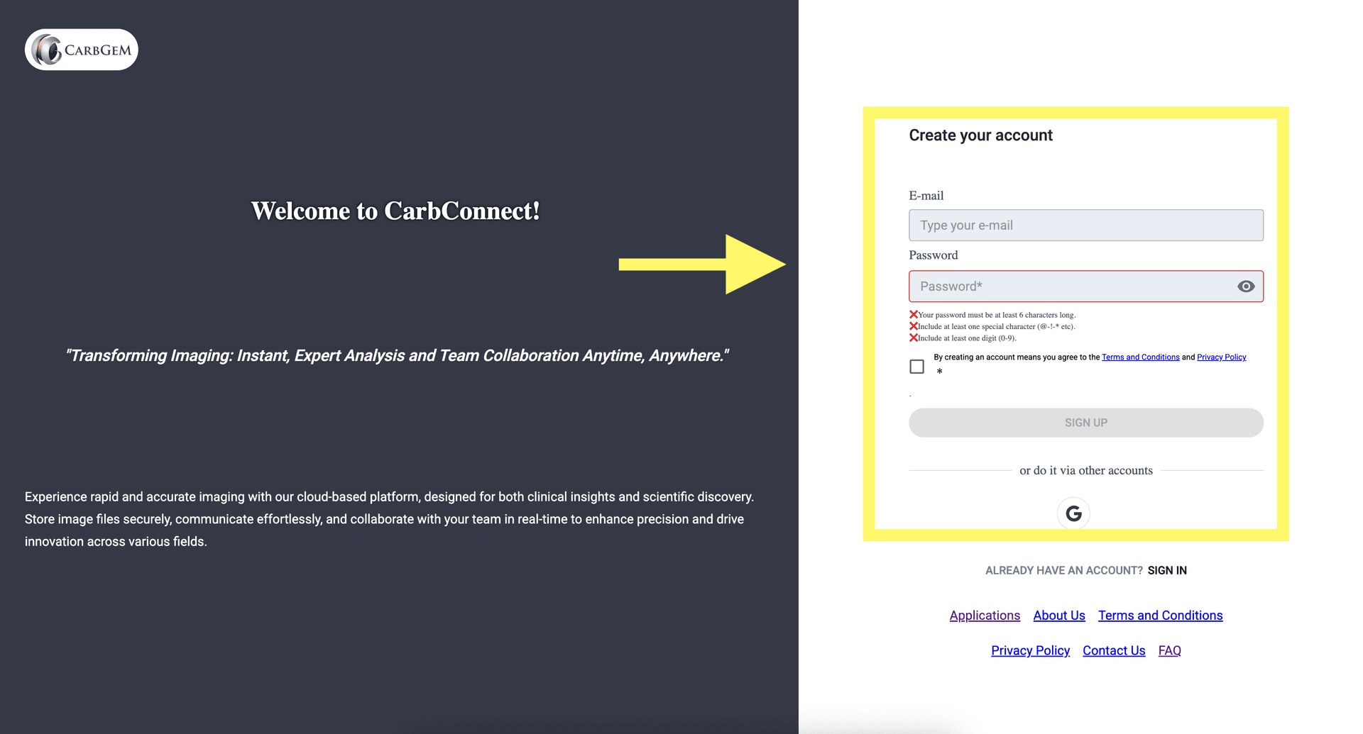 Step 2 image about Bienvenue sur CarbConnect tutorial Step 2: Si vous n'avez pas de compte, vous pouvez en créer un ici.