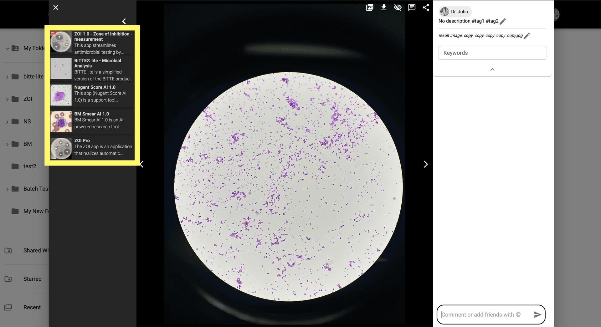 Step 5 image about Introduccion al modal de imagen tutorial Step 5: En el lado izquierdo del modal de imagen, encontrarás la lista de aplicaciones que puedes usar para analizar la imagen.