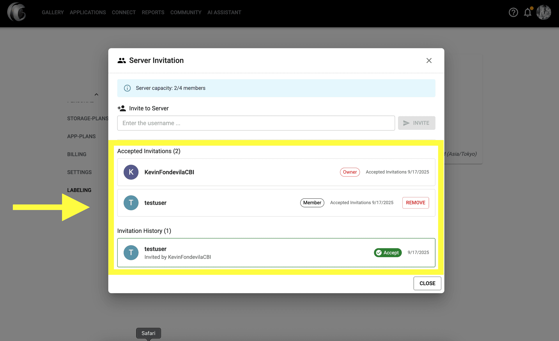 Step 4 image about Gestionando Invitaciones del Servidor tutorial Step 4: Monitorea las invitaciones aceptadas en la lista de abajo, donde puedes ver detalles de usuarios y fechas de invitación.