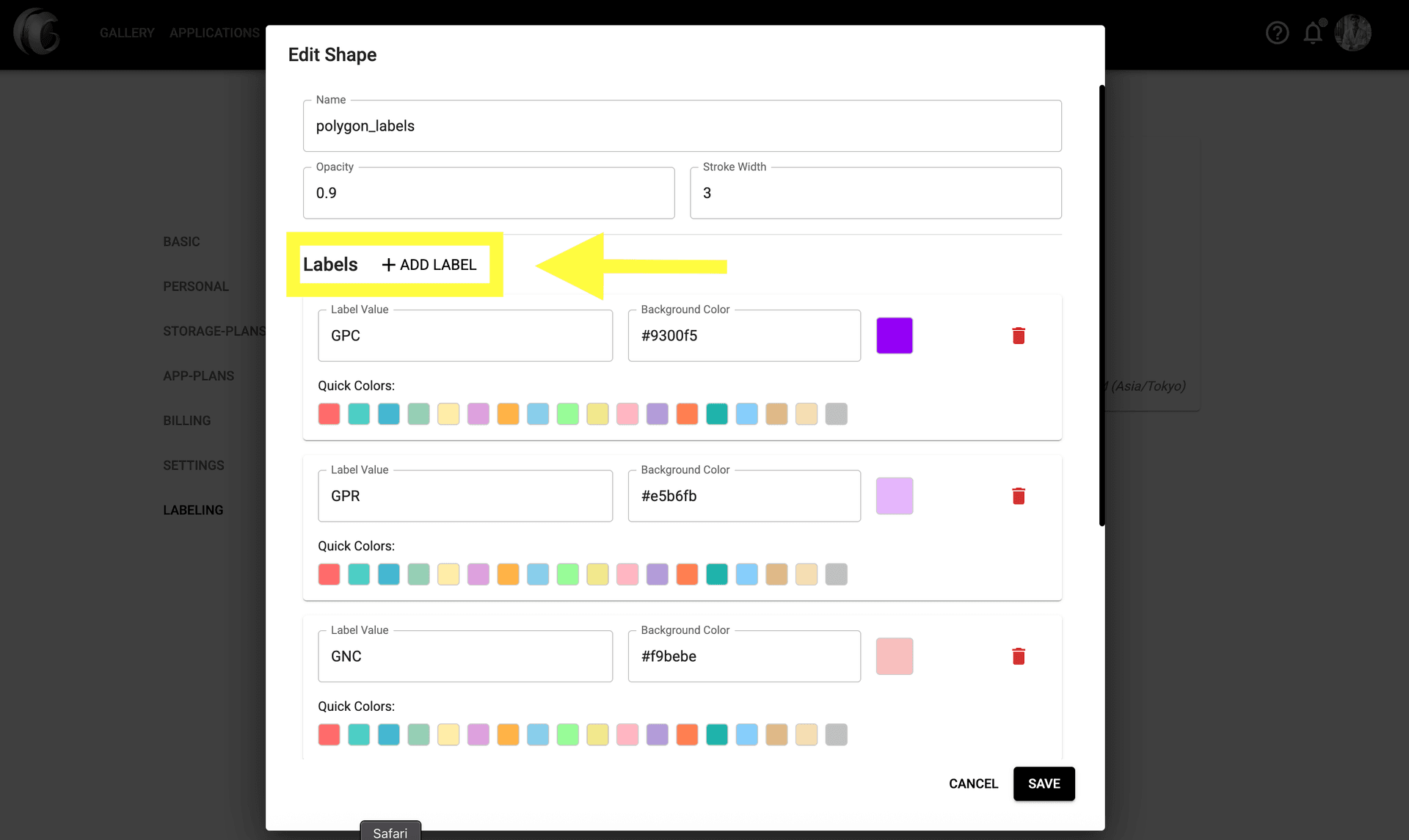 Step 4 image about Configurando el Constructor de Formas y Etiquetas tutorial Step 4: Agrega etiquetas personalizadas haciendo clic en '+ AGREGAR ETIQUETA' y configura cada etiqueta con un nombre único y color de fondo.