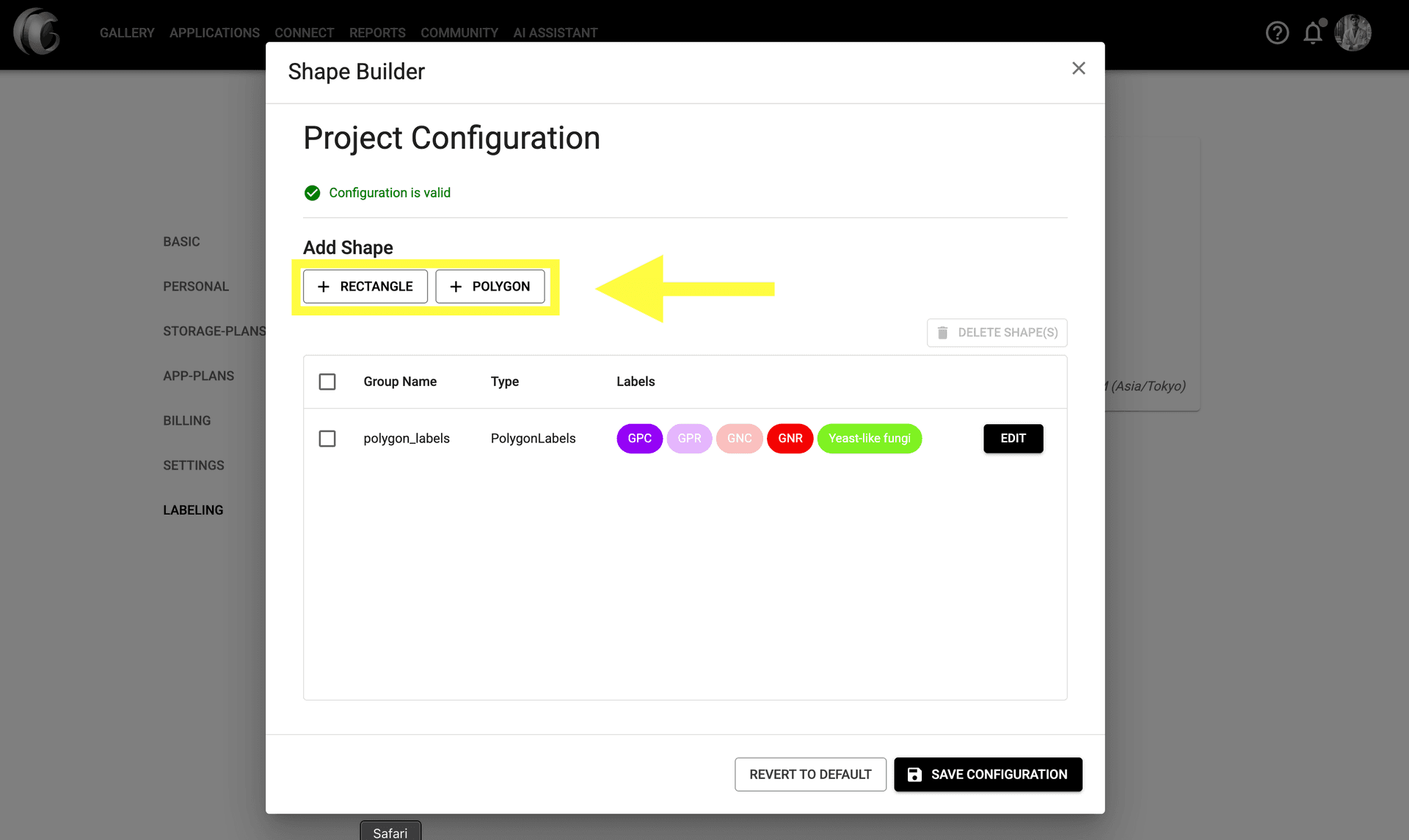 Step 2 image about Configurando el Constructor de Formas y Etiquetas tutorial Step 2: En el Constructor de Formas, puedes agregar nuevas formas haciendo clic en los botones 'RECTÁNGULO' o 'POLÍGONO' para crear diferentes tipos de anotaciones.