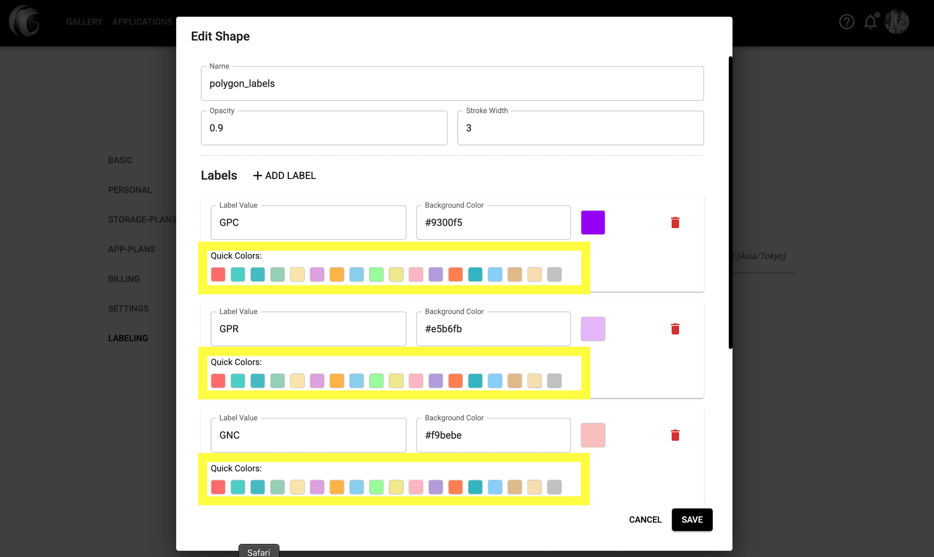 Step 5 image about Configurando el Constructor de Formas y Etiquetas tutorial Step 5: Usa la paleta de Colores Rápidos para asignar fácilmente colores a tus etiquetas, o ingresa códigos de color hexadecimales personalizados para una marca precisa.