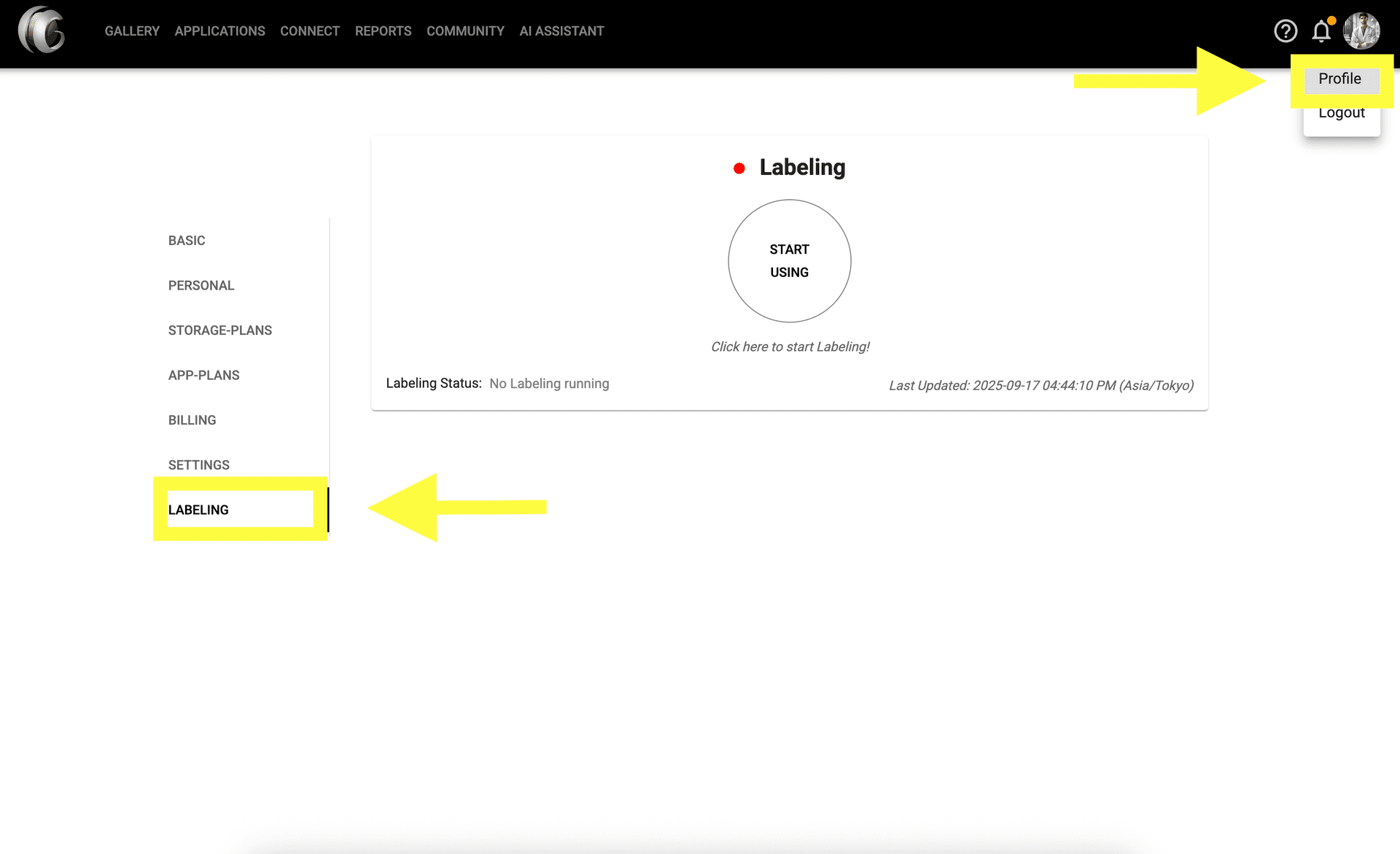 Step 1 image about Comenzando con la Herramienta de Etiquetado tutorial Step 1: Para acceder a la Herramienta de Etiquetado, haz clic en tu ícono de perfil y navega a la sección 'Etiquetado' en la configuración de tu cuenta.