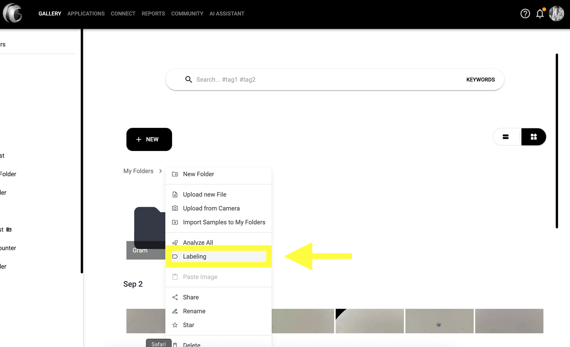 Step 2 image about Iniciando un Proyecto de Etiquetado tutorial Step 2: Haz clic derecho en la carpeta para abrir el menú contextual y selecciona 'Etiquetado' para iniciar un nuevo proyecto de etiquetado.