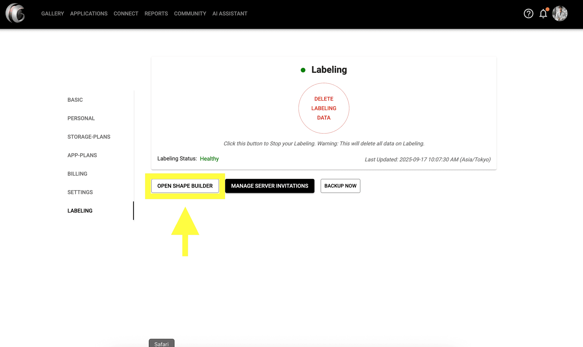 Step 1 image about Configurando el Constructor de Formas y Etiquetas tutorial Step 1: Desde el panel de configuración de etiquetado, haz clic en 'Abrir Constructor de Formas' para acceder a las herramientas de anotación.