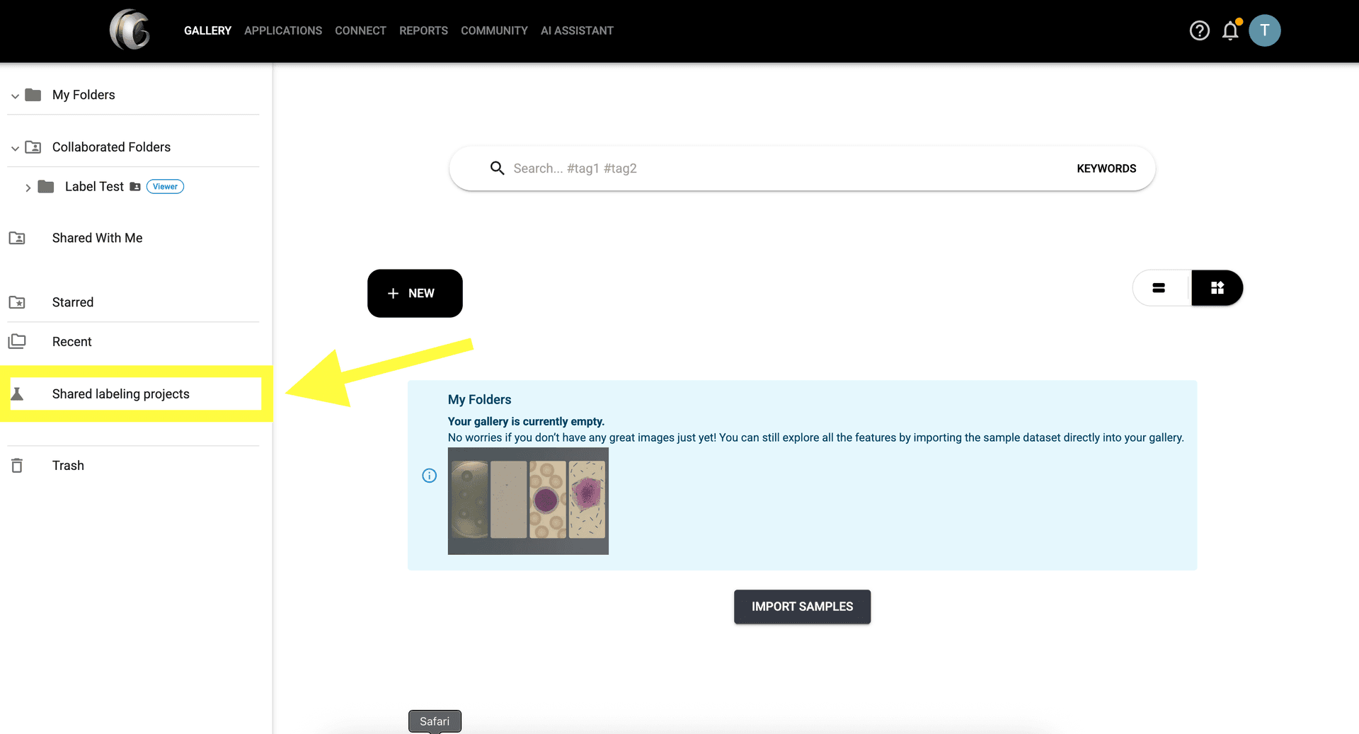 Step 1 image about Accediendo a Proyectos de Etiquetado Compartidos tutorial Step 1: En la galería, navega a la sección 'Proyectos de Etiquetado Compartidos' para ver proyectos que han sido compartidos contigo.