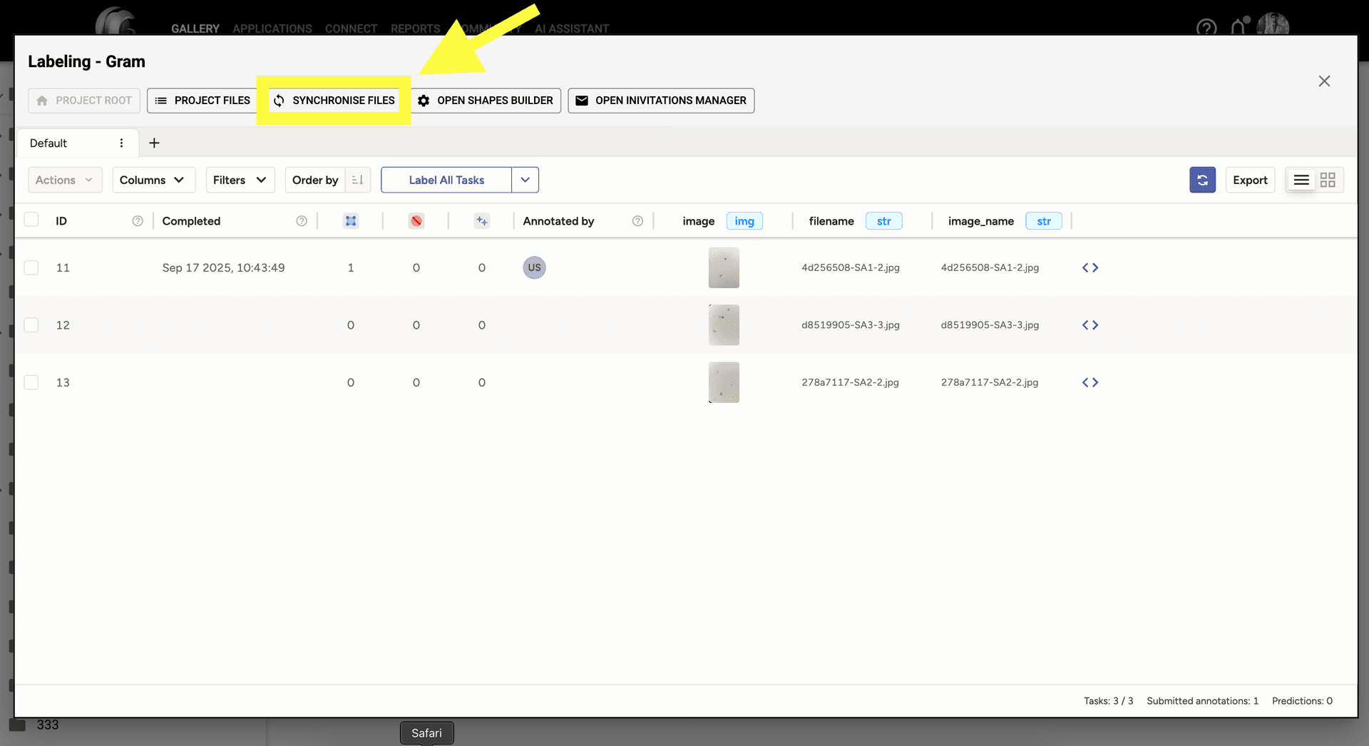 Step 5 image about Iniciando un Proyecto de Etiquetado tutorial Step 5: Si agregas o quitas imágenes de la carpeta, usa 'Sincronizar Archivos' para actualizar tu proyecto de etiquetado en consecuencia.