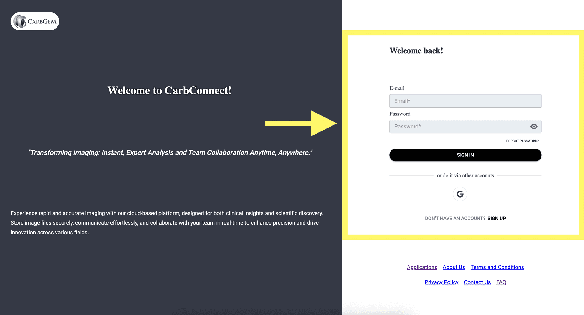 Step 1 image about Bienvenue sur CarbConnect tutorial Step 1: Si vous avez déjà un compte, connectez-vous comme d'habitude avec votre email et mot de passe enregistrés.
