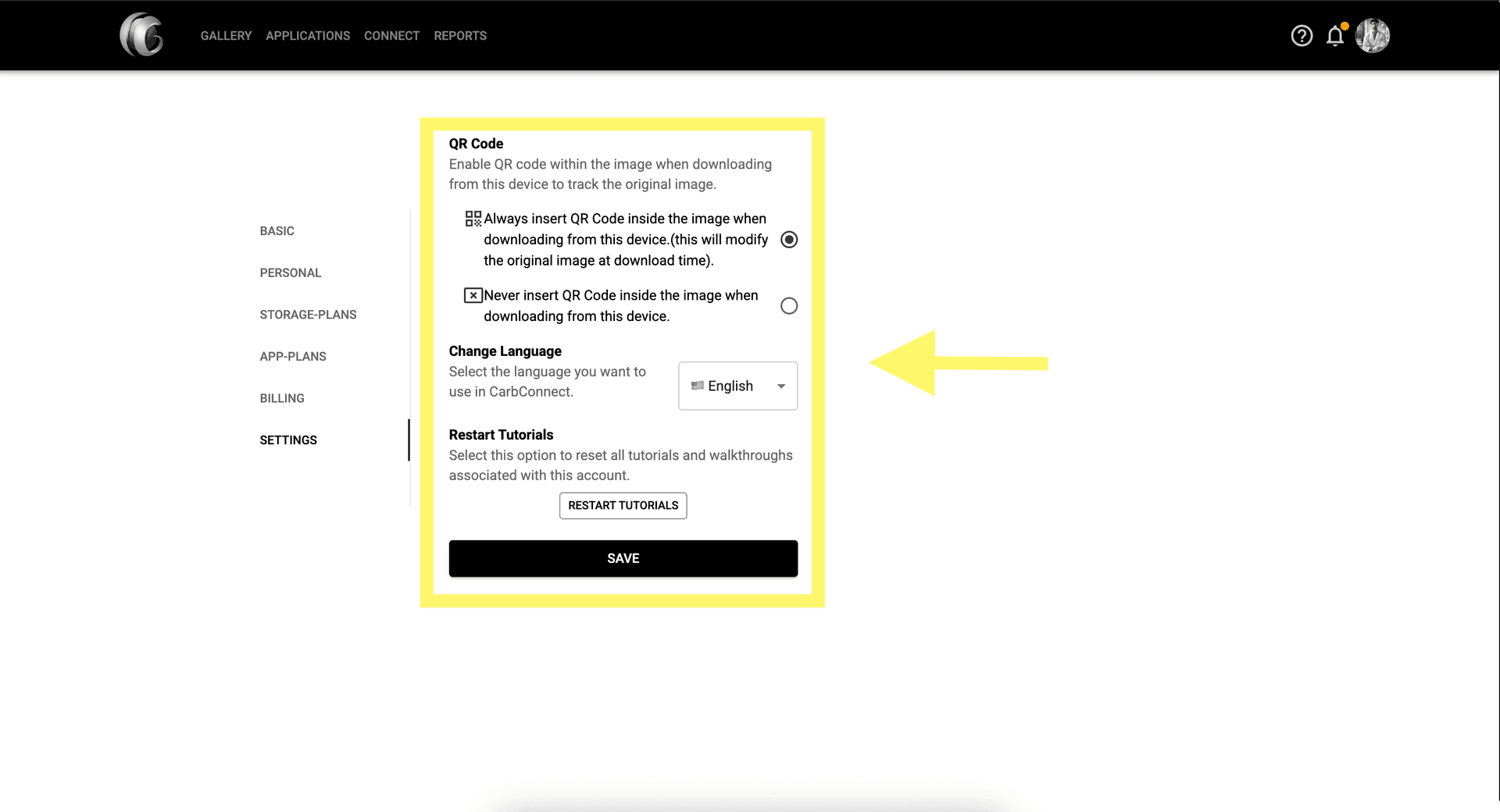Step 5 image about Quản lý Hồ sơ và Cài đặt của bạn tutorial Step 5: Bật hoặc tắt mã QR cho việc tải xuống hình ảnh.