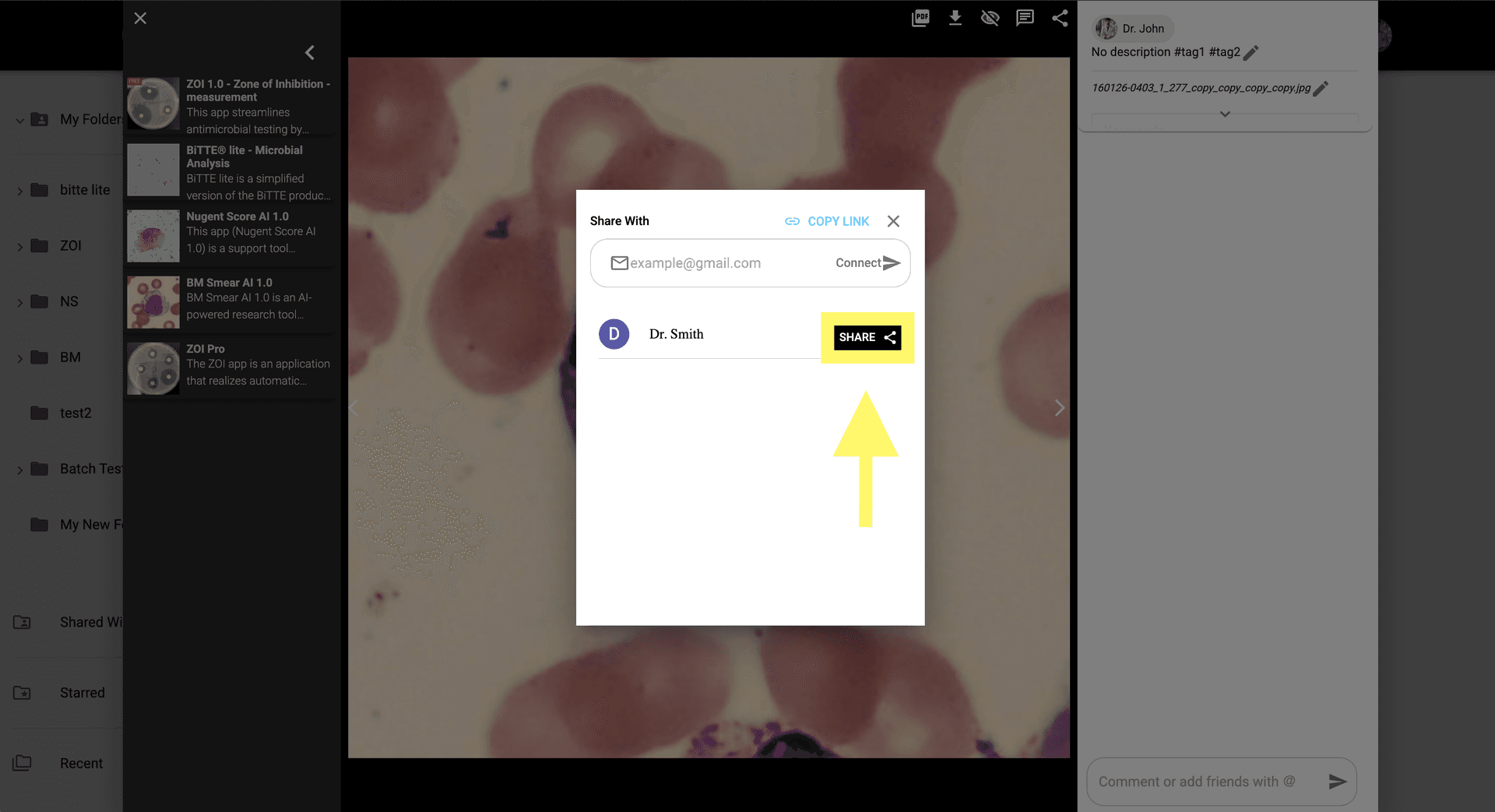 Step 4 image about Berbagi dan Menghubungkan tutorial Step 4: Setelah terhubung, bagikan gambar dengan memilih 'Bagikan' dari modal gambar.